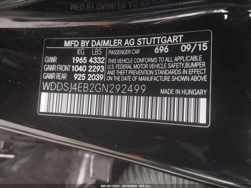 2016 Mercedes-benz Cla-klasse VIN WDDSJ4EB2GN292499 IAAI salvage auction — FRONT END, Salvage (New Hampshire), sold $1,150 on 2026-08-05 (photo 9)