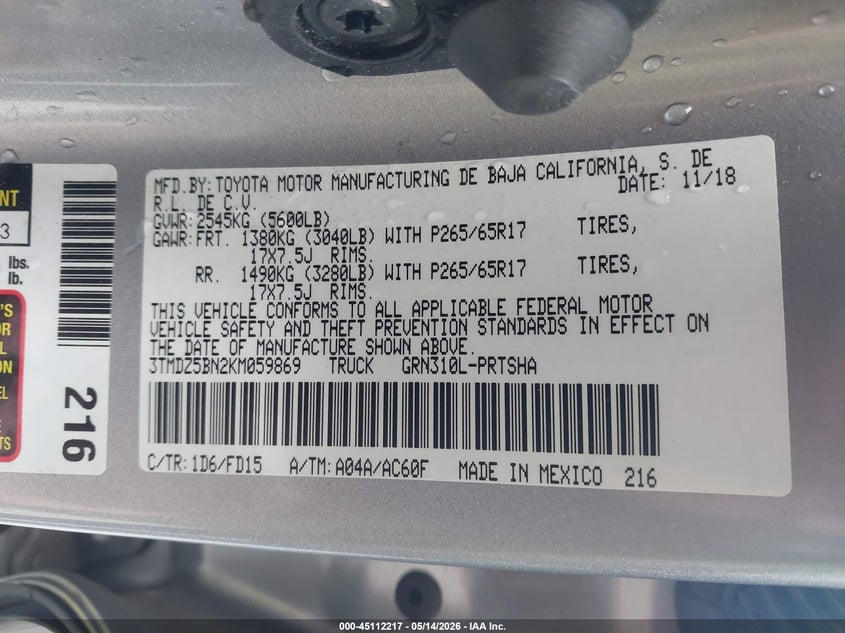 2019 Toyota Tacoma VIN 3TMDZ5BN2KM059869 IAAI salvage auction — LEFT SIDE, Salvage (Oregon), sold $12,650 on 2026-07-09 (photo 9)