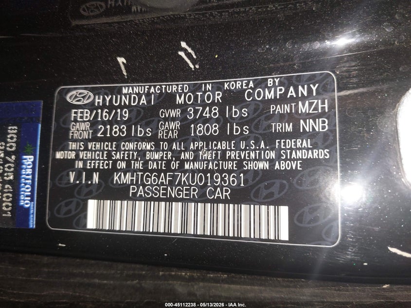 2019 Hyundai Veloster VIN KMHTG6AF7KU019361 IAAI salvage auction — FRONT END, Salvage (Arizona), sold $675 on 2026-07-28 (photo 9)