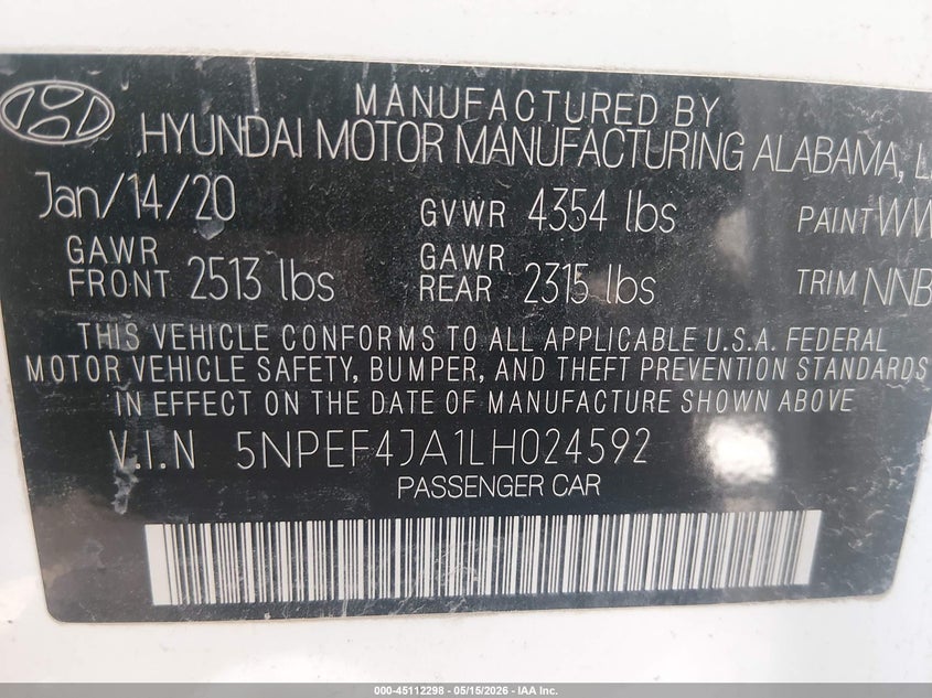 2020 Hyundai Sonata VIN 5NPEF4JA1LH024592 IAAI salvage auction — FRONT END, Salvage (Missouri), sold $4,125 on 2026-07-08 (photo 9)
