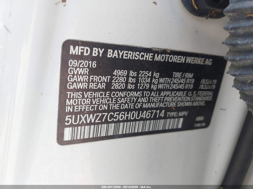 2017 BMW X3 VIN 5UXWZ7C56H0U46714 IAAI salvage auction — WATER/FLOOD, Salvage (Louisiana), sold $1,100 on 2026-07-29 (photo 9)