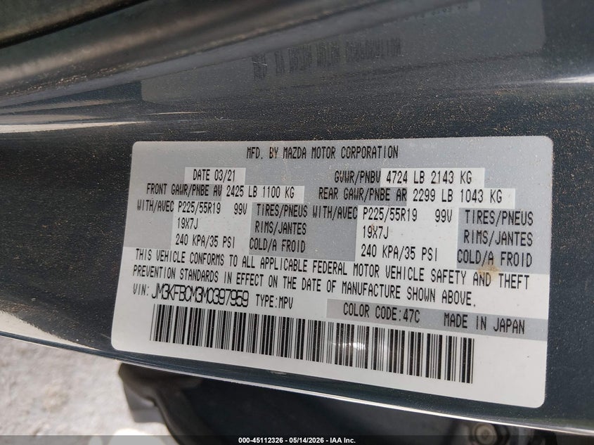 2021 Mazda Cx-5 VIN JM3KFBCM3M0397959 IAAI salvage auction — SIDE, Original (Texas), sold $6,600 on 2026-07-12 (photo 9)