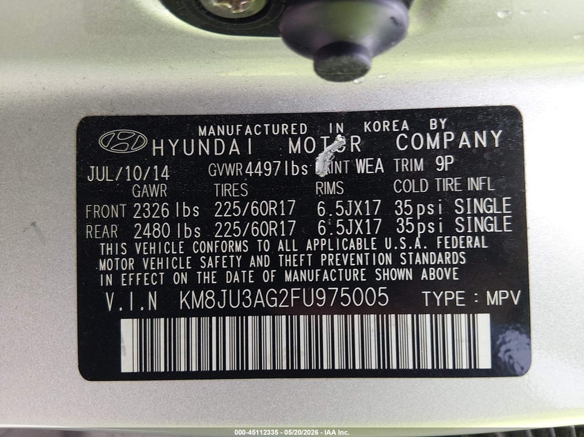 2015 Hyundai Tucson VIN KM8JU3AG2FU975005 IAAI salvage auction — FRONT END, Salvage (Texas), sold $375 on 2026-07-24 (photo 9)