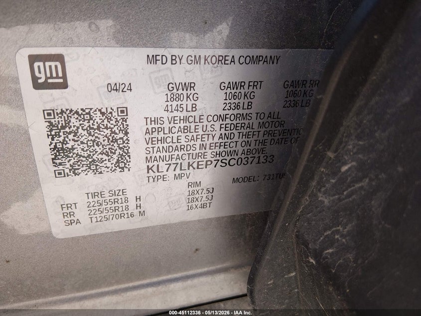 2025 Chevrolet Trax VIN KL77LKEP7SC037133 IAAI salvage auction — HAIL, Salvage (Wisconsin), sold $7,000 on 2026-07-22 (photo 9)