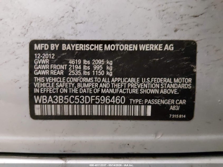 2013 BMW 3er VIN WBA3B5C53DF596460 IAAI salvage auction — FRONT & REAR, Salvage (Maine), sold $875 on 2026-07-20 (photo 9)