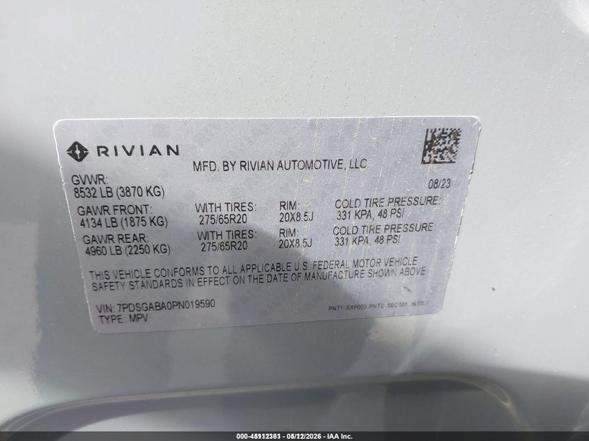 2023 Rivian R1s VIN 7PDSGABA0PN019590 IAAI salvage auction — FRONT END, Salvage (California), sold $25,000 on 2026-07-30 (photo 9)