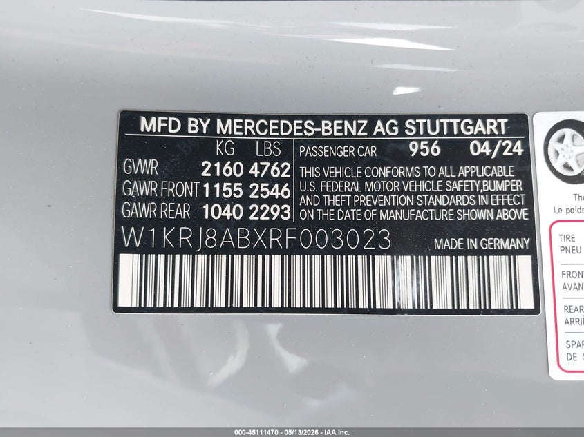 2024 Mercedes-benz AMG GT VIN W1KRJ8ABXRF003023 IAAI salvage auction — FRONT END, Salvage (California), sold $78,500 on 2026-07-15 (photo 9)