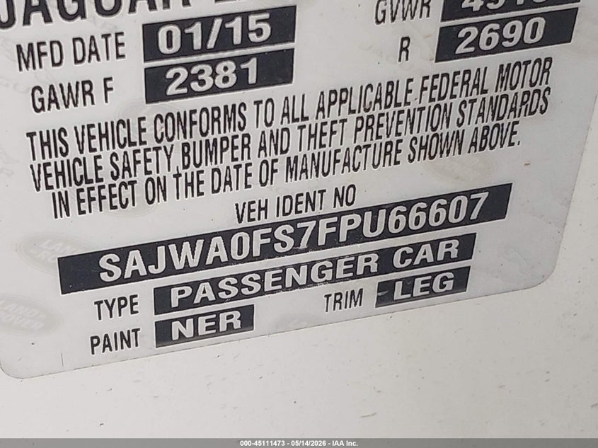 2015 Jaguar Xf VIN SAJWA0FS7FPU66607 IAAI salvage auction — NORMAL WEAR, Original (Texas), sold $600 on 2026-07-10 (photo 9)