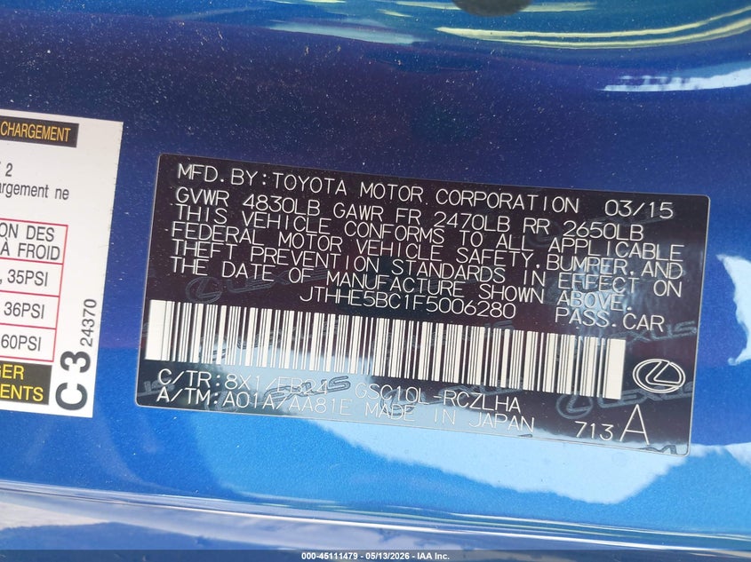 2015 Lexus Rc VIN JTHHE5BC1F5006280 IAAI salvage auction — FRONT END, Salvage (Alabama), sold $2,050 on 2026-07-07 (photo 9)