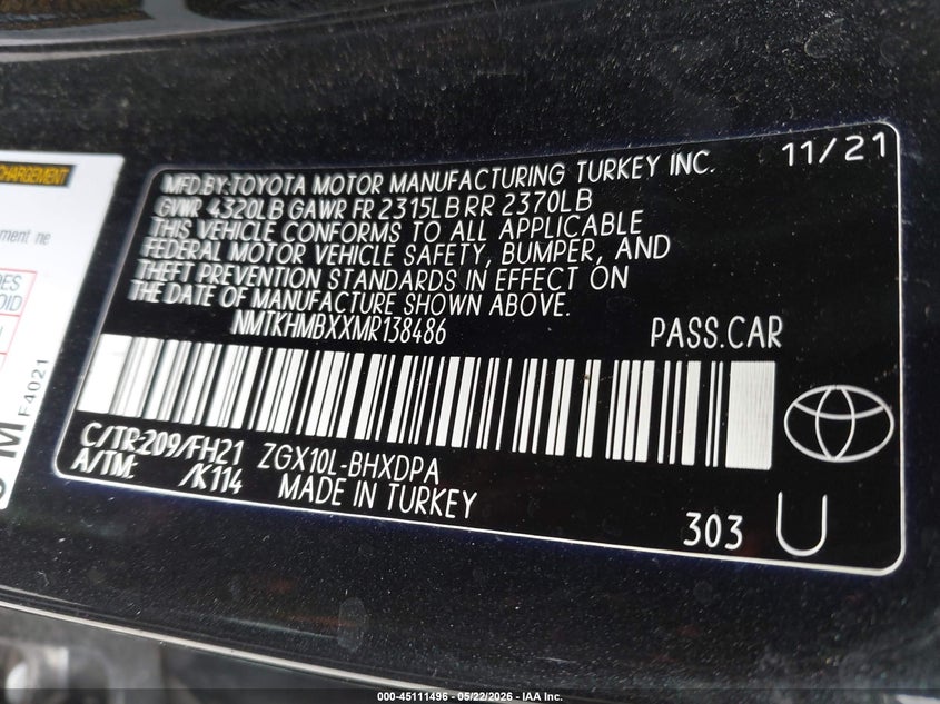2021 Toyota C-hr VIN NMTKHMBXXMR138486 IAAI salvage auction — EXTERIOR BURN, Mv-907A (New York), sold $1,675 on 2026-07-21 (photo 9)