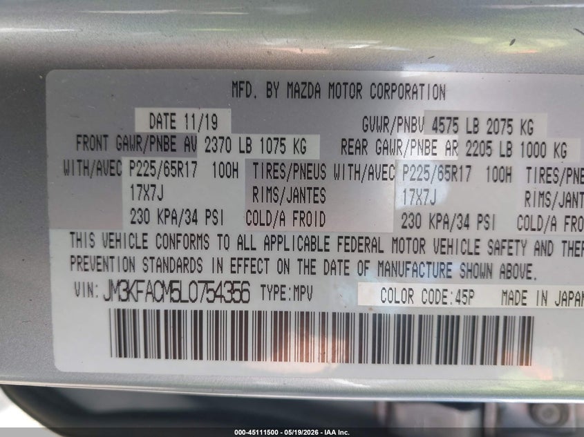 2020 Mazda Cx-5 VIN JM3KFACM5L0754356 IAAI salvage auction — HAIL, Salvage (Iowa), sold $525 on 2026-07-27 (photo 9)