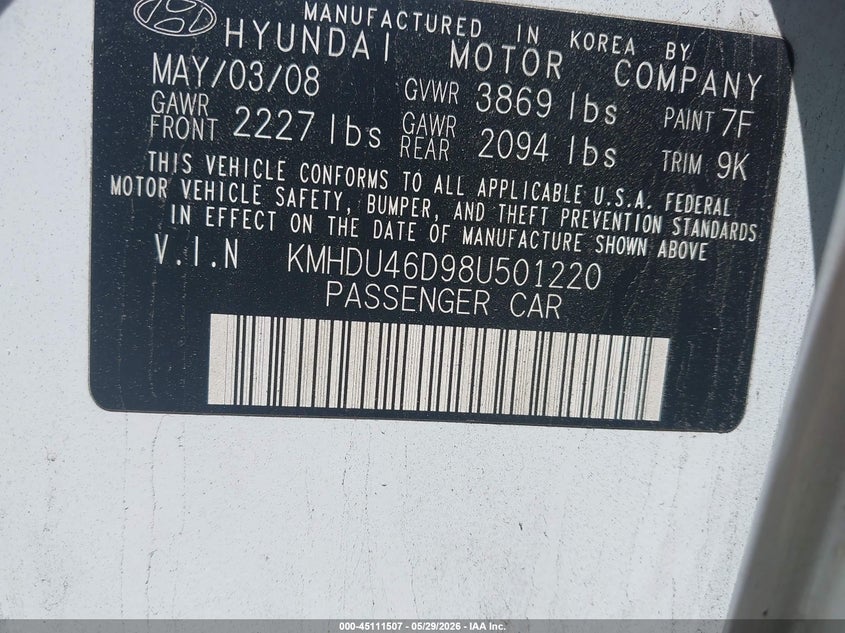 2008 Hyundai Elantra VIN KMHDU46D98U501220 IAAI salvage auction — FRONT & REAR, Salvage (New Jersey), sold $525 on 2026-07-13 (photo 9)
