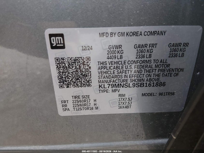 2025 Chevrolet Trailblazer VIN KL79MNSL9SB161886 IAAI salvage auction — HAIL, Salvage (Missouri), sold $7,100 on 2026-07-13 (photo 9)