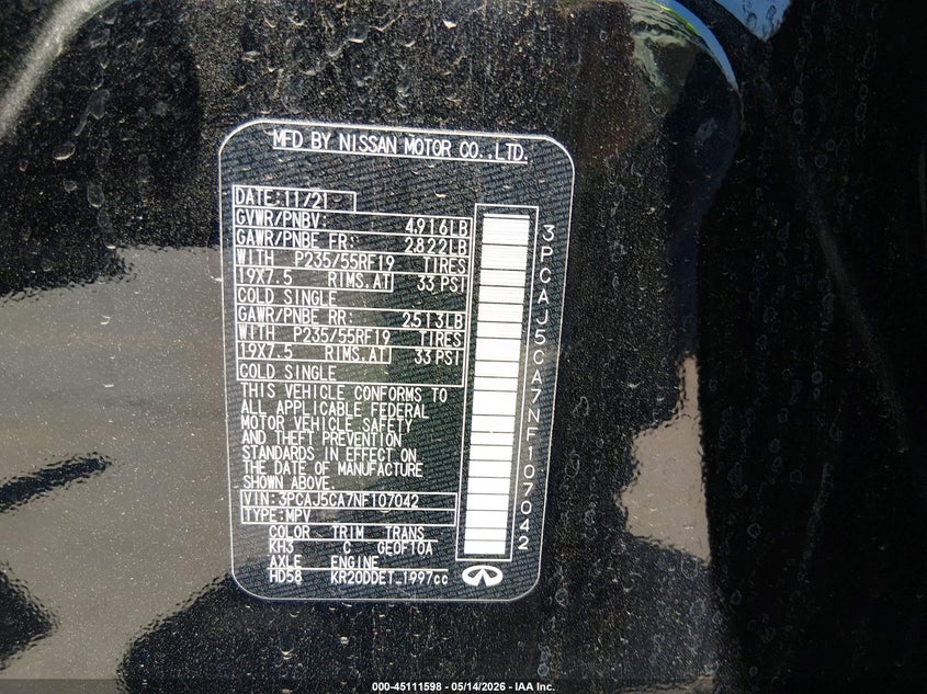 2022 Infiniti Qx50 VIN 3PCAJ5CA7NF107042 IAAI salvage auction — FRONT END, Original (Texas), sold $4,475 on 2026-08-25 (photo 9)