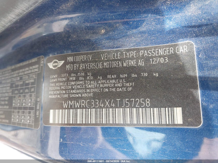 2004 Mini Cooper VIN WMWRC334X4TJ57258 IAAI salvage auction — SIDE, Salvage (Texas), sold $75 on 2026-07-14 (photo 9)