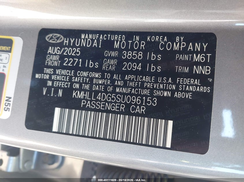 2025 Hyundai Elantra VIN KMHLL4DG5SU096153 IAAI salvage auction — FRONT END, Mv-907A (New York), sold $5,800 on 2026-07-14 (photo 9)