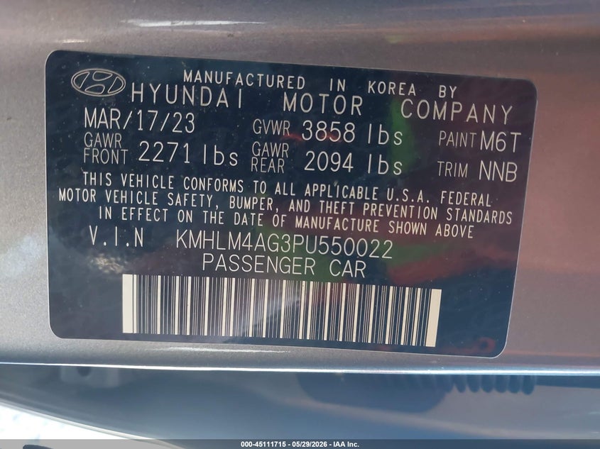 2023 Hyundai Elantra VIN KMHLM4AG3PU550022 IAAI salvage auction — FRONT END, Salvage Title, sold $3,025 on 2026-07-14 (photo 9)