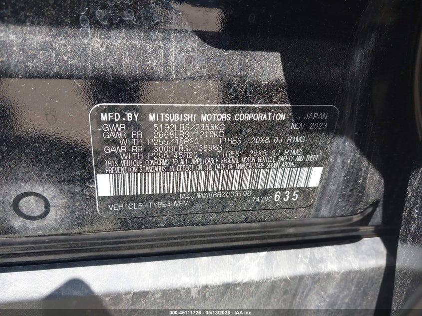 2024 Mitsubishi Outlander VIN JA4J3WA86RZ033106 IAAI salvage auction — REAR END, Salvage Title, sold $7,800 on 2026-07-09 (photo 9)