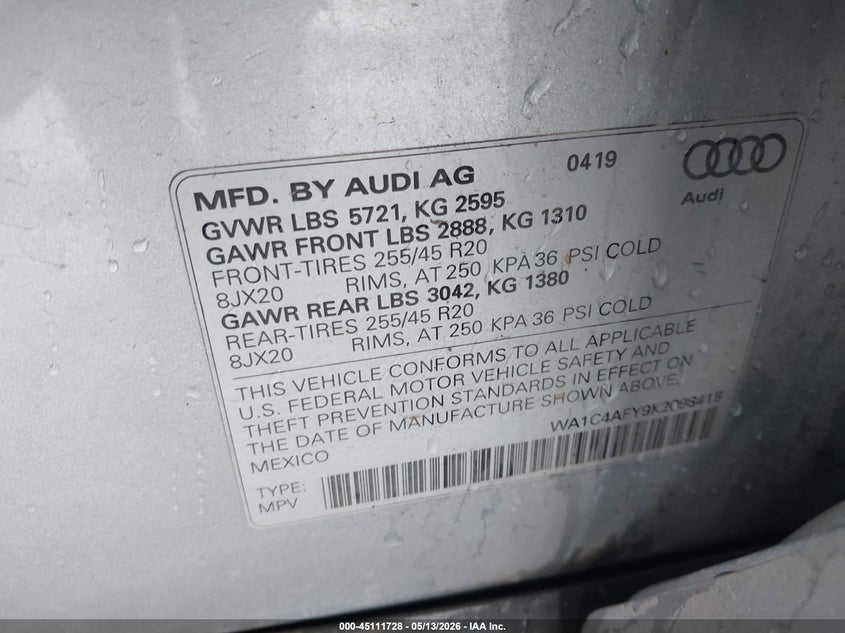 2019 Audi Sq5 VIN WA1C4AFY9K2098418 IAAI salvage auction — REAR END, Salvage (Oregon), sold $11,100 on 2026-07-16 (photo 9)