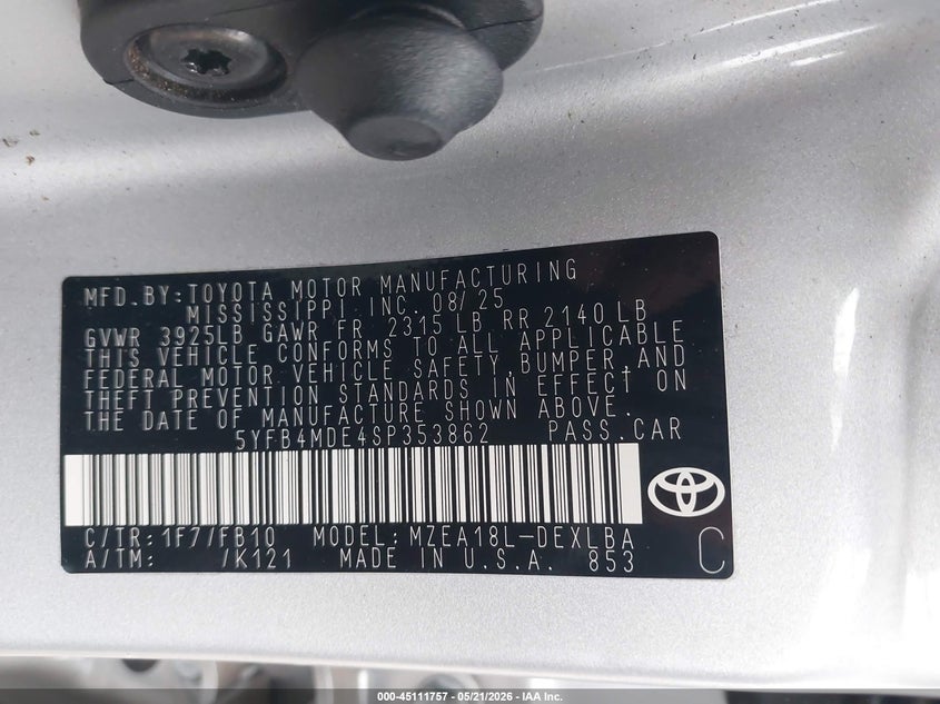 2025 Toyota Corolla VIN 5YFB4MDE4SP353862 IAAI salvage auction — RIGHT SIDE, Salvage (Virginia), sold $5,900 on 2026-07-14 (photo 9)
