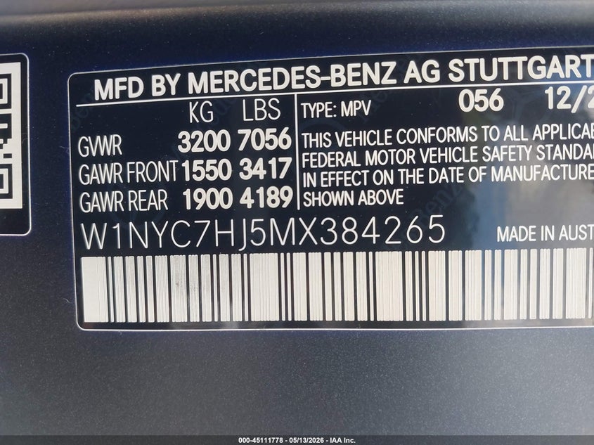 2021 Mercedes-benz VIN W1NYC7HJ5MX384265 IAAI salvage auction — FRONT END, Salvage (Georgia), sold $75,500 on 2026-07-29 (photo 9)