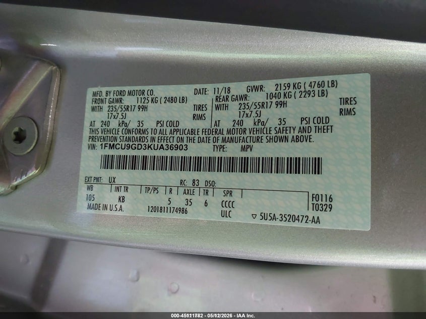 2019 Ford Escape VIN 1FMCU9GD3KUA36903 IAAI salvage auction — FRONT END, SF97 (Kansas), sold $11,100 on 2026-07-09 (photo 9)