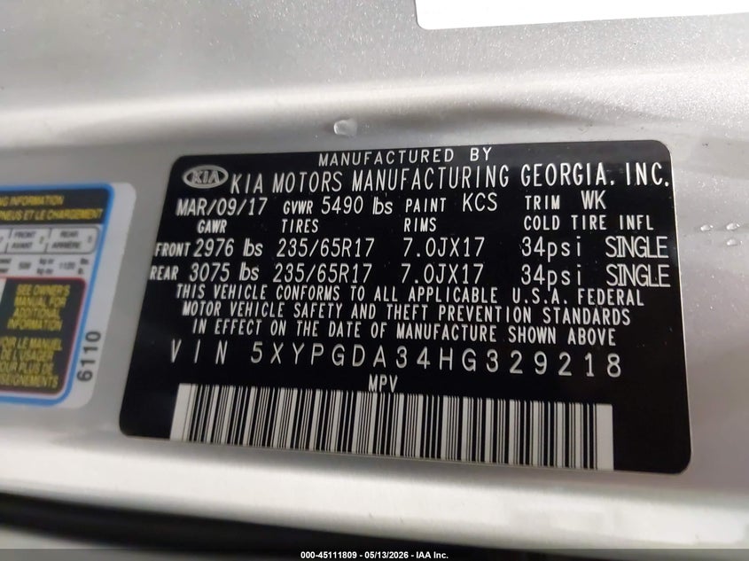2017 Kia Sorento VIN 5XYPGDA34HG329218 IAAI salvage auction — FRONT END, Salvage Title, sold $1,750 on 2026-07-22 (photo 9)