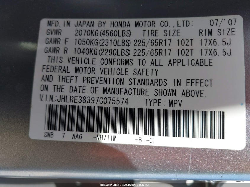 2007 Honda Cr-v VIN JHLRE38397C075574 IAAI salvage auction — FRONT & REAR, Salvage (California), sold $425 on 2026-07-21 (photo 9)