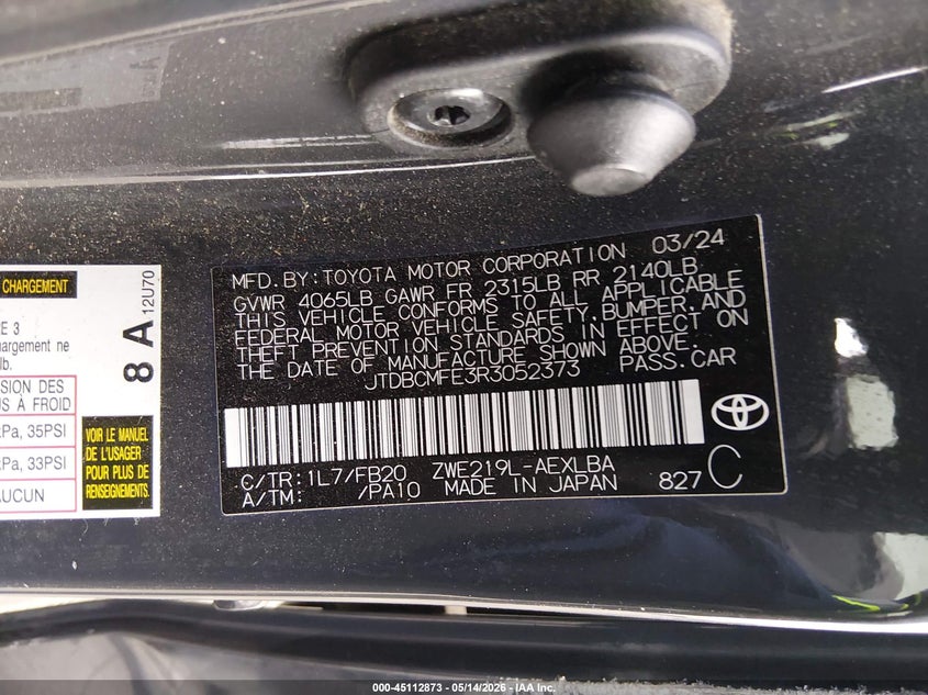2024 Toyota Corolla VIN JTDBCMFE3R3052373 IAAI salvage auction — RIGHT FRONT, Non-Repairable Certificate (California), sold $1,050 on 2026-07-10 (photo 9)