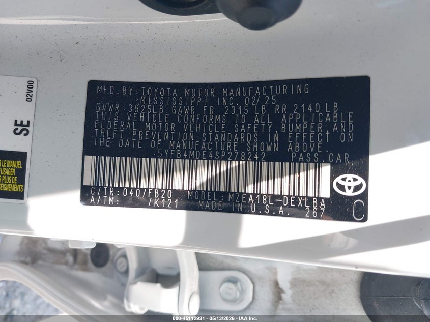 2025 Toyota Corolla VIN 5YFB4MDE4SP278242 IAAI salvage auction — REAR END, Rebuildable (Florida), sold $5,325 on 2026-07-07 (photo 9)