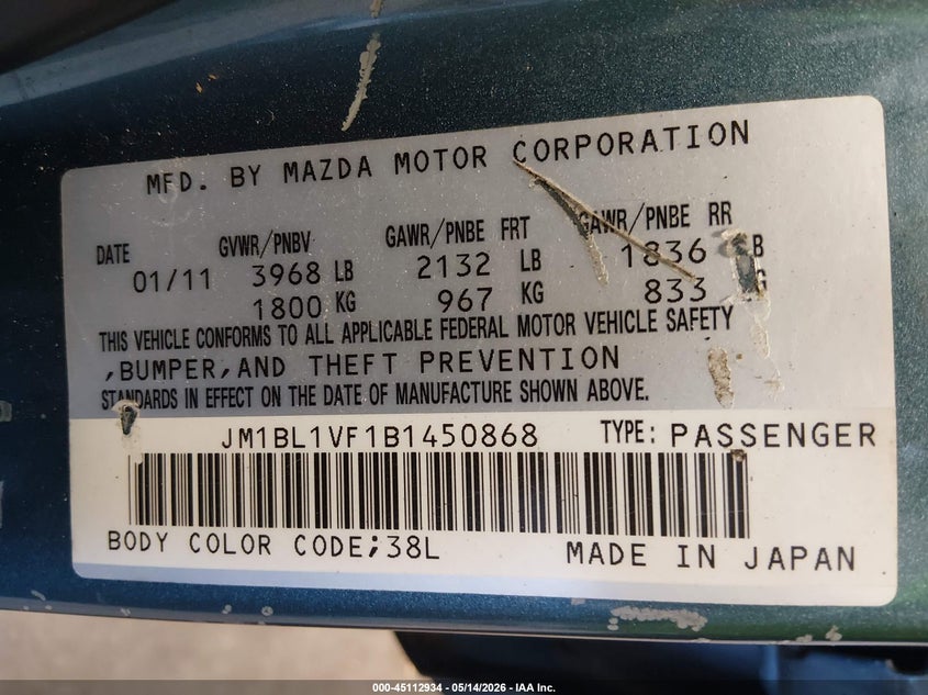 2011 Mazda 3 VIN JM1BL1VF1B1450868 IAAI salvage auction — ROOF, Salvage (Louisiana), sold $475 on 2026-07-13 (photo 9)