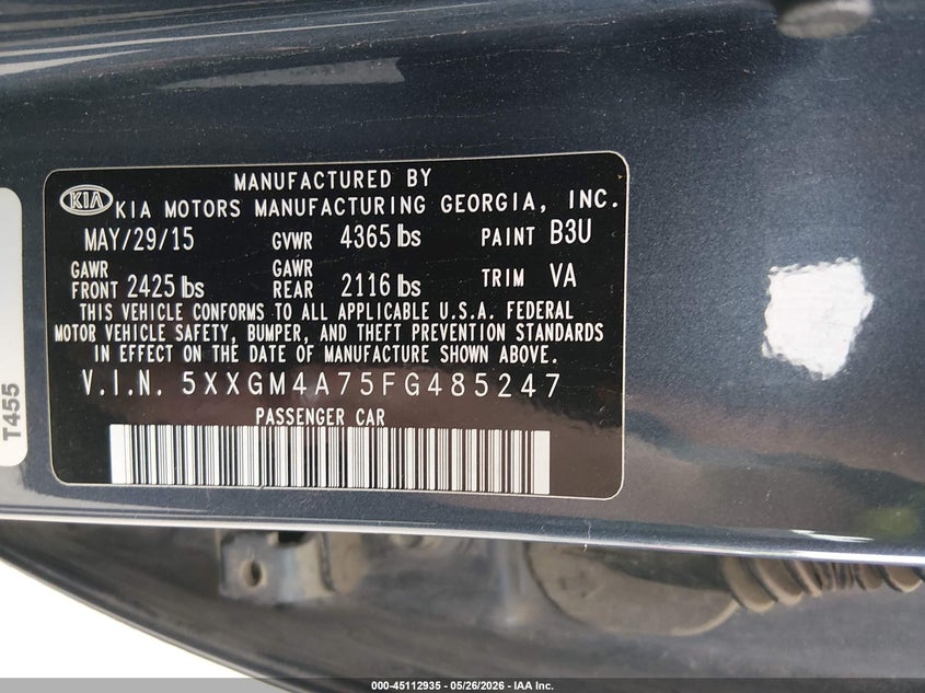 2015 Kia Optima VIN 5XXGM4A75FG485247 IAAI salvage auction — RIGHT SIDE, Salvage (Pennsylvania), sold $950 on 2026-08-01 (photo 9)