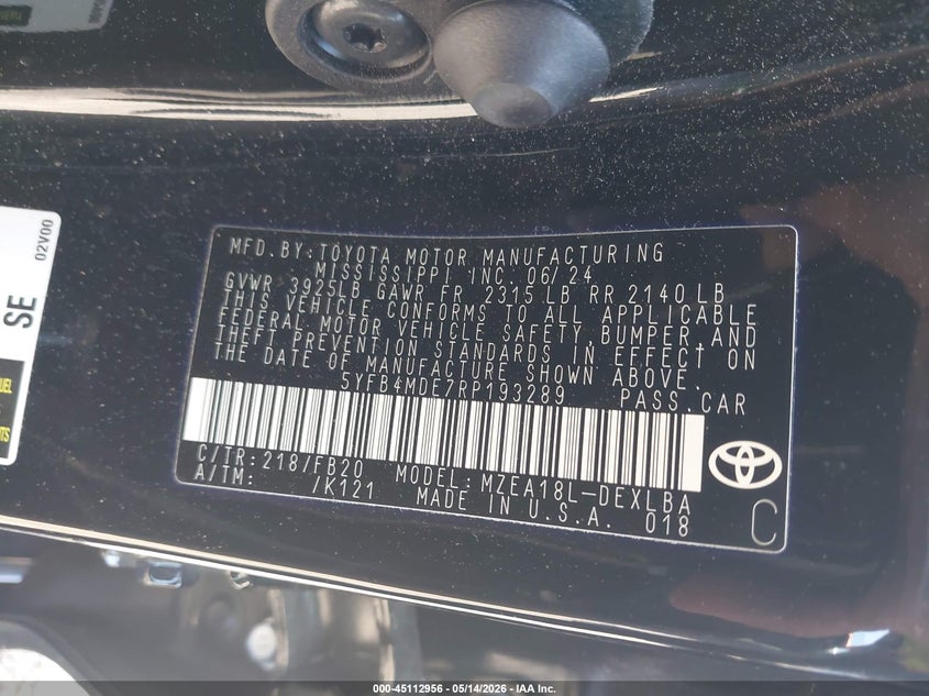 2024 Toyota Corolla VIN 5YFB4MDE7RP193289 IAAI salvage auction — FRONT END, Salvage (South Carolina), sold $3,800 on 2026-07-14 (photo 9)