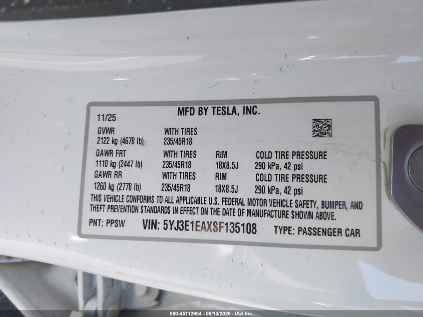 2025 Tesla Model 3 VIN 5YJ3E1EAXSF135108 IAAI salvage auction — ROLLOVER, Salvage (North Carolina), sold $3,575 on 2026-07-09 (photo 9)