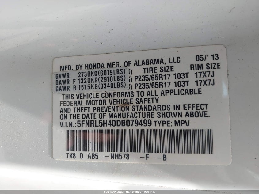 2013 Honda Odyssey VIN 5FNRL5H40DB079499 IAAI salvage auction — SIDE, Salvage (Ohio), sold $1,950 on 2026-07-18 (photo 9)