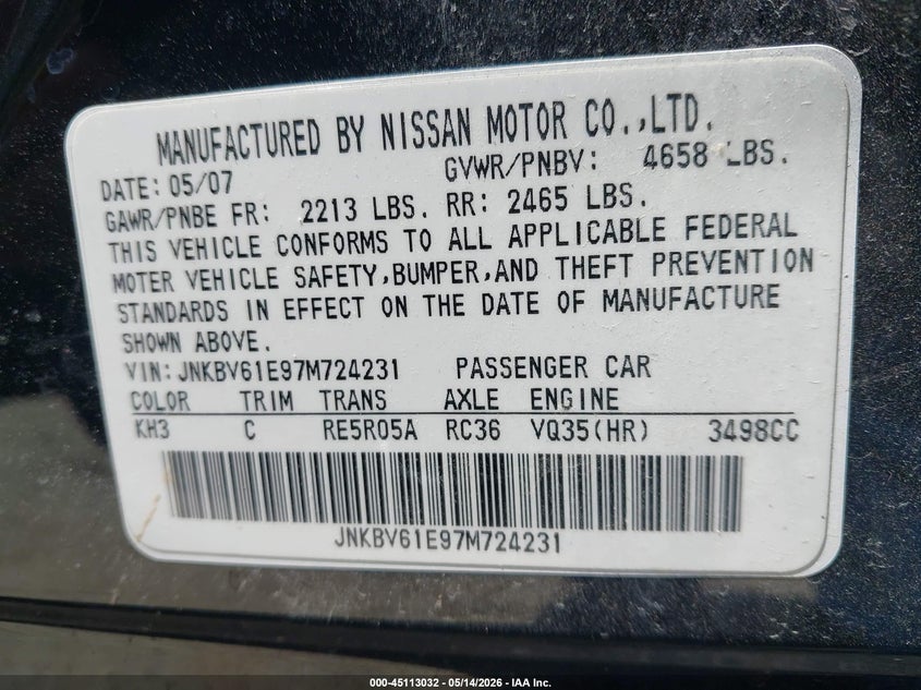 2007 Infiniti G VIN JNKBV61E97M724231 IAAI salvage auction — LEFT SIDE, Salvage (Missouri), sold $475 on 2026-07-22 (photo 9)