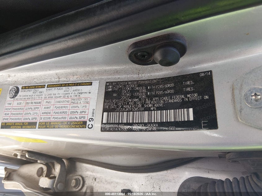 2015 Toyota 4runner VIN JTEZU5JR7F5085769 IAAI salvage auction — FRONT END, Salvage (South Carolina), sold $5,450 on 2026-07-28 (photo 9)