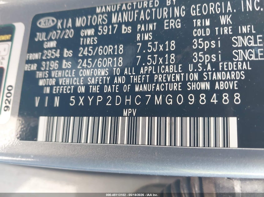 2021 Kia Telluride VIN 5XYP2DHC7MG098488 IAAI salvage auction — ROLLOVER, Salvage Title, sold $1,500 on 2026-07-12 (photo 9)
