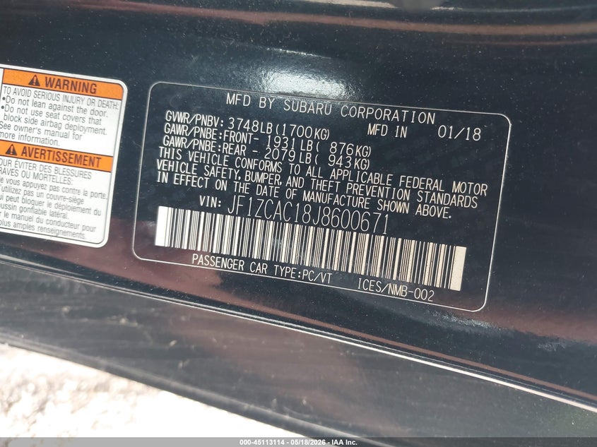 2018 Subaru Brz VIN JF1ZCAC18J8600671 IAAI salvage auction — REAR END, Salvage (Illinois), sold $2,650 on 2026-07-08 (photo 9)