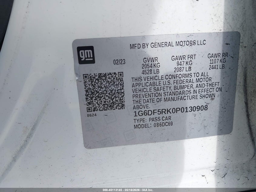 2023 Cadillac Ct4 VIN 1G6DF5RK0P0130908 IAAI salvage auction — FRONT END, Certificate Of Destruction (Florida), sold $2,225 on 2026-07-27 (photo 9)