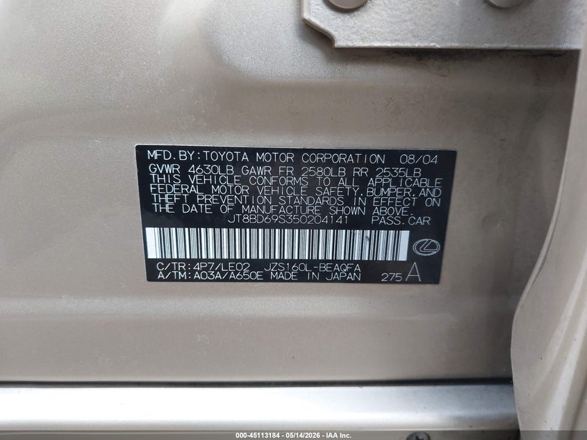 2005 Lexus Gs 300 VIN JT8BD69S350204141 IAAI salvage auction — FRONT END, Bill Of Sale (Washington), sold $350 on 2026-07-14 (photo 9)