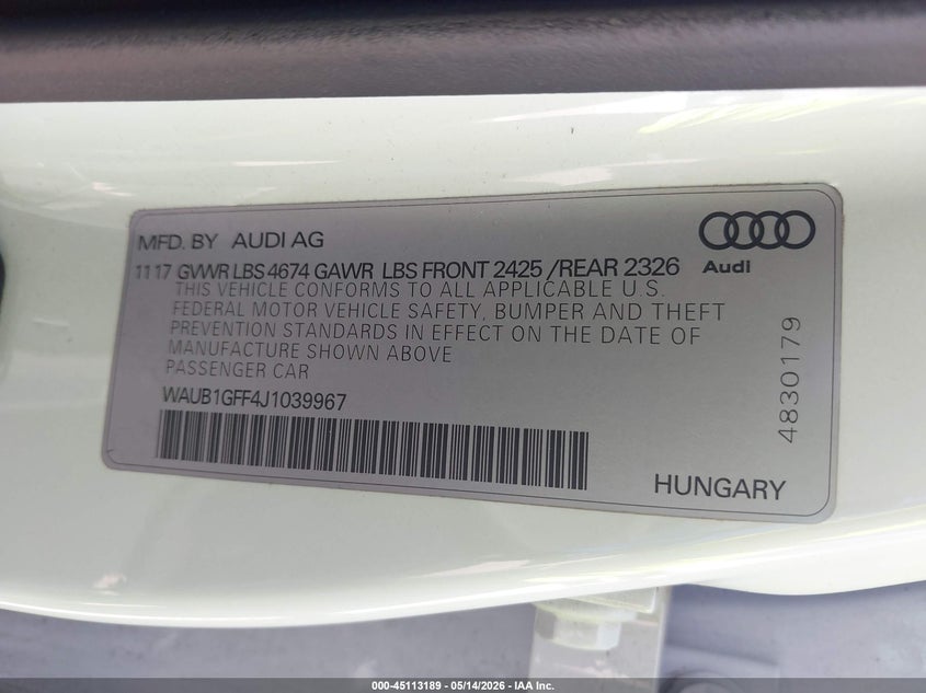 2018 Audi S3 VIN WAUB1GFF4J1039967 IAAI salvage auction — LEFT SIDE, Salvage (Texas), sold $6,800 on 2026-08-01 (photo 9)