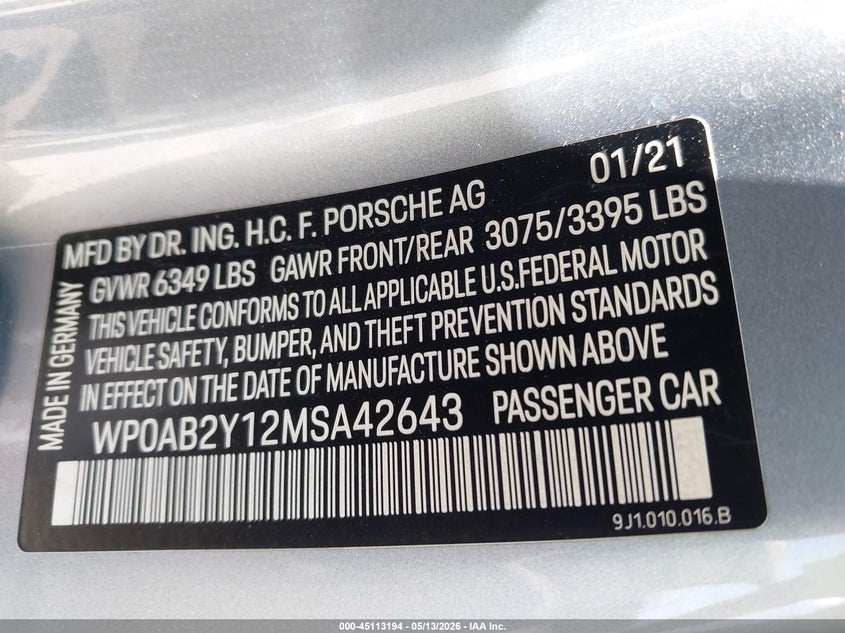 2021 Porsche Taycan VIN WP0AB2Y12MSA42643 IAAI salvage auction — FRONT END, Wait Title, sold $23,800 on 2026-09-17 (photo 9)