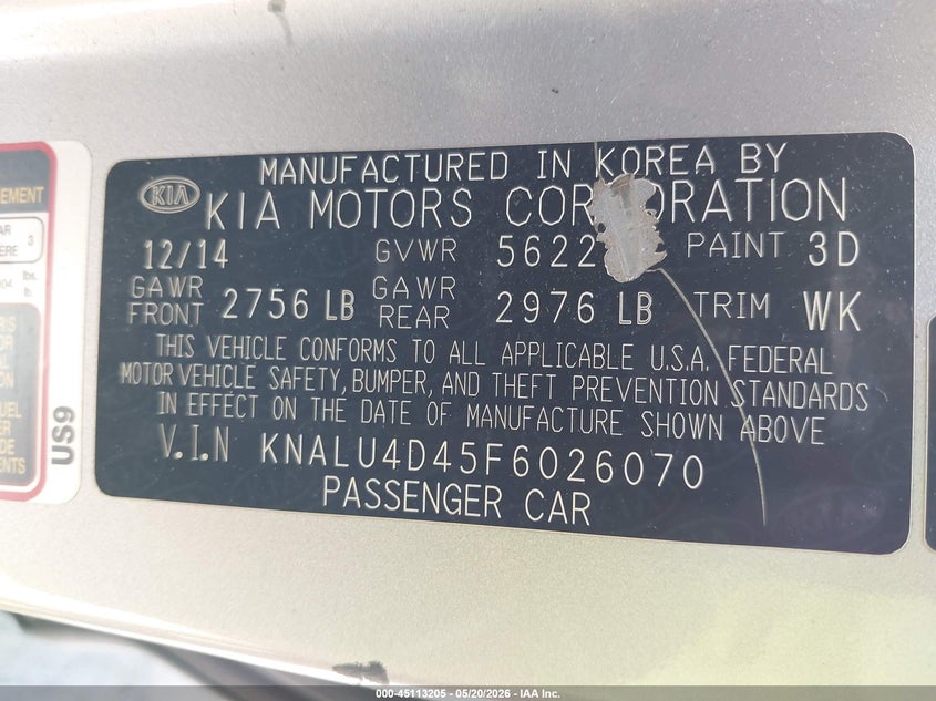 2015 Kia K900 VIN KNALU4D45F6026070 IAAI salvage auction — LEFT FRONT, Salvage (Virginia), sold $1,350 on 2026-07-09 (photo 9)