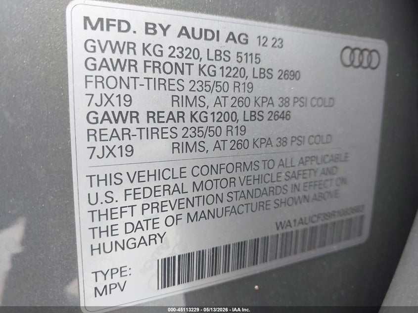 2024 Audi Q3 VIN WA1AUCF39R1083683 IAAI salvage auction — FRONT END, Salvage (California), sold $12,200 on 2026-07-16 (photo 9)