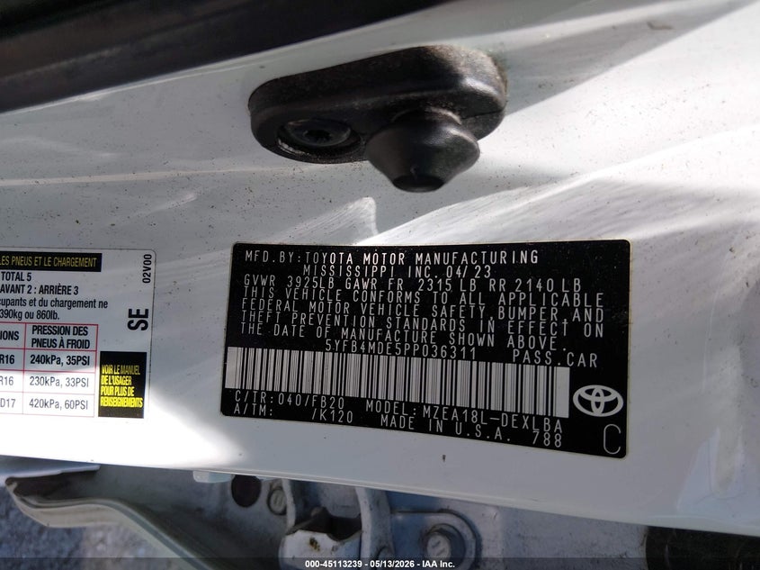 2023 Toyota Corolla VIN 5YFB4MDE5PP036311 IAAI salvage auction — FRONT END, Salvage (Louisiana), sold $2,500 on 2026-07-14 (photo 9)