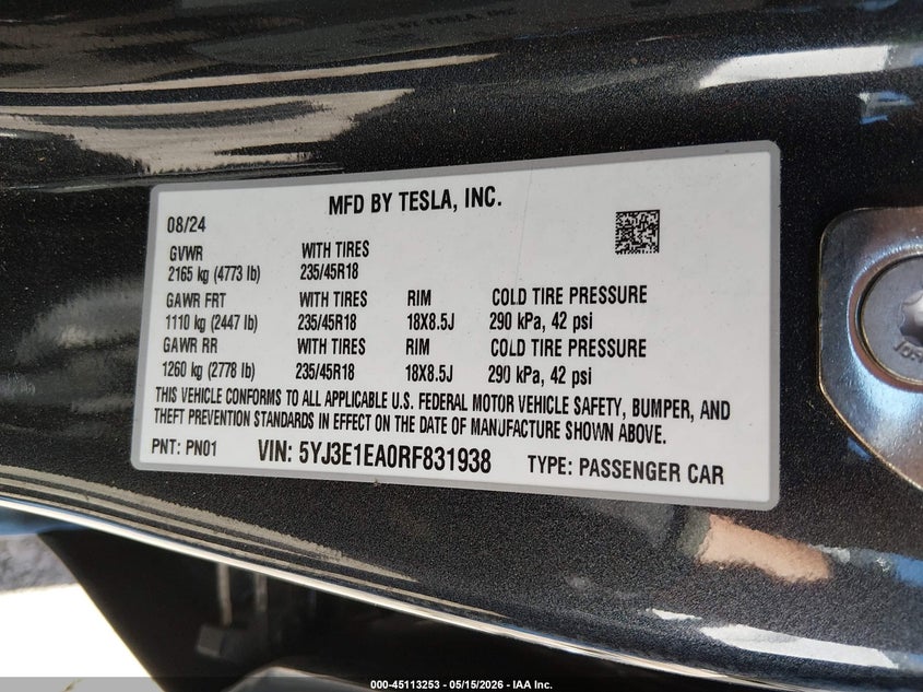2024 Tesla Model 3 VIN 5YJ3E1EA0RF831938 IAAI salvage auction — FRONT & REAR, Salvage (South Carolina), sold $7,300 on 2026-07-21 (photo 9)