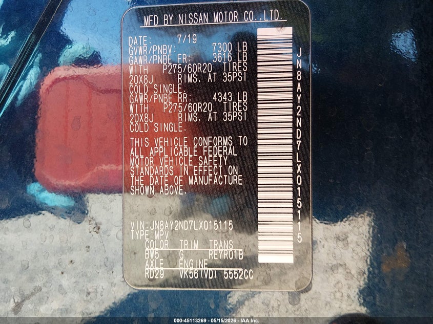 2020 Nissan Armada VIN JN8AY2ND7LX015115 IAAI salvage auction — FRONT END, Salvage (Alabama), sold $5,150 on 2026-07-14 (photo 9)