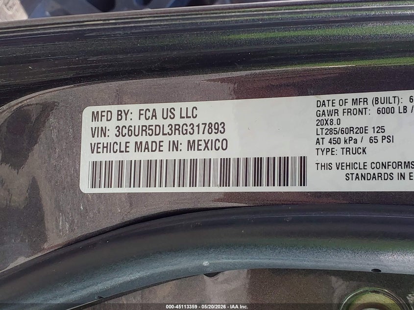 2024 Ram 2500 VIN 3C6UR5DL3RG317893 IAAI salvage auction — FRONT & REAR, Salvage (Louisiana), sold $8,600 on 2026-07-27 (photo 8)