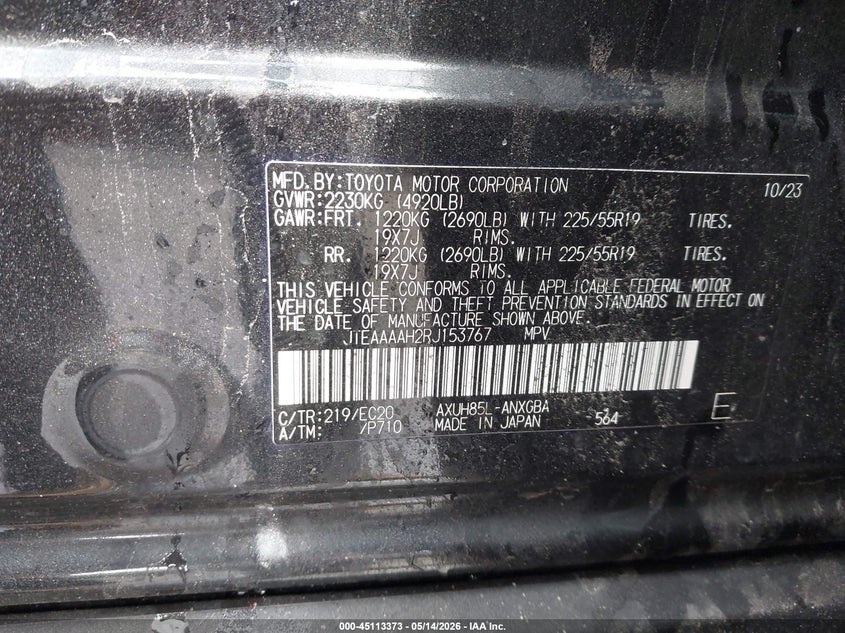 2024 Toyota Venza VIN JTEAAAAH2RJ153767 IAAI salvage auction — RIGHT FRONT, Salvage (Virginia), sold $15,300 on 2026-07-22 (photo 9)